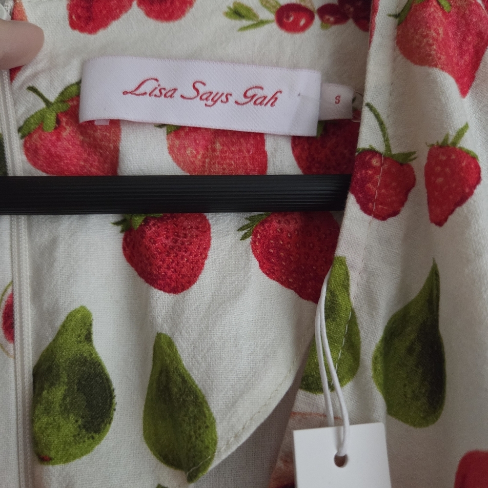 Lisa Says Gah Topanga Puff Sleeve Midi Dress in Fruit Print size S NWT - Picture 7 of 10